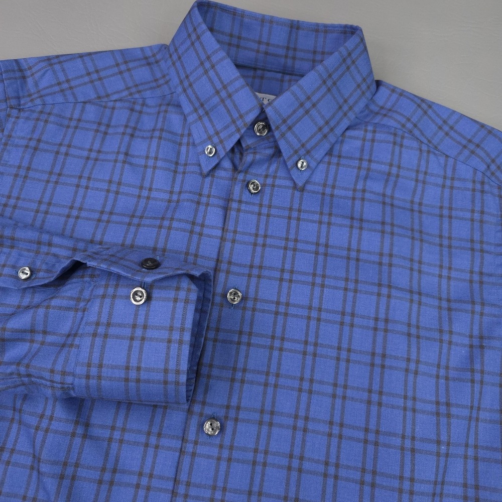 Eton Shirt Mens 15.5 Medium Blue Plaid Regular Fit Signature Twill Button Down